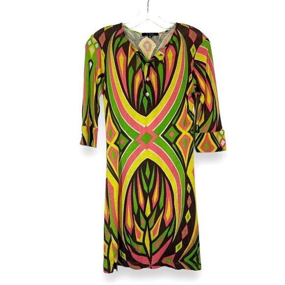 Retro Dress Groovy Mini Mod Pink Green Brown XS - Picture 1 of 9